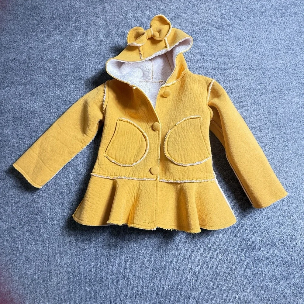 Mustard Yellow‎ Sherpa Lined Hooded Jacket Girls Peplum Coat with Bow Detail